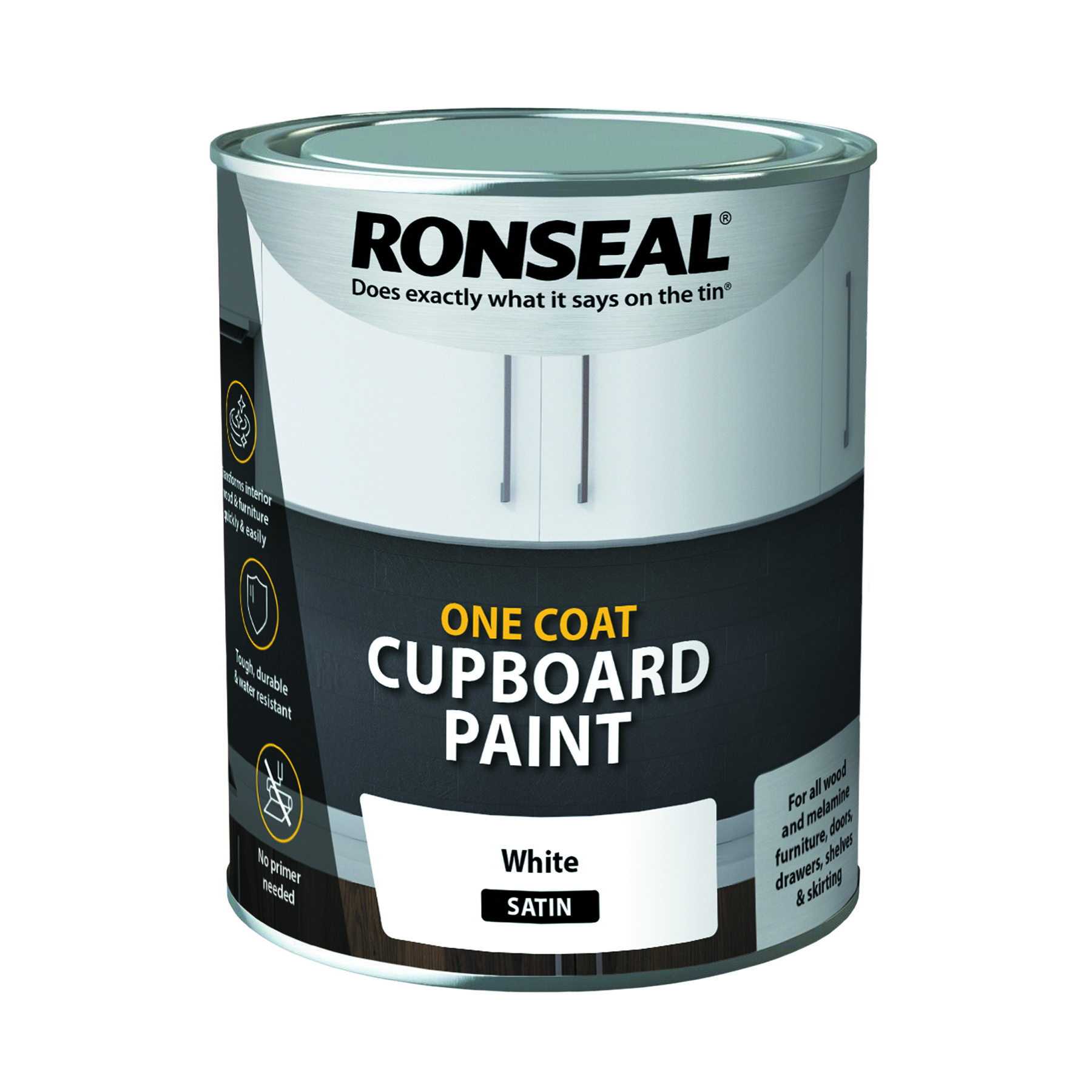 Ronseal One Coat Cupboard Melamine & MDF Paint 750ml White Satin Intu